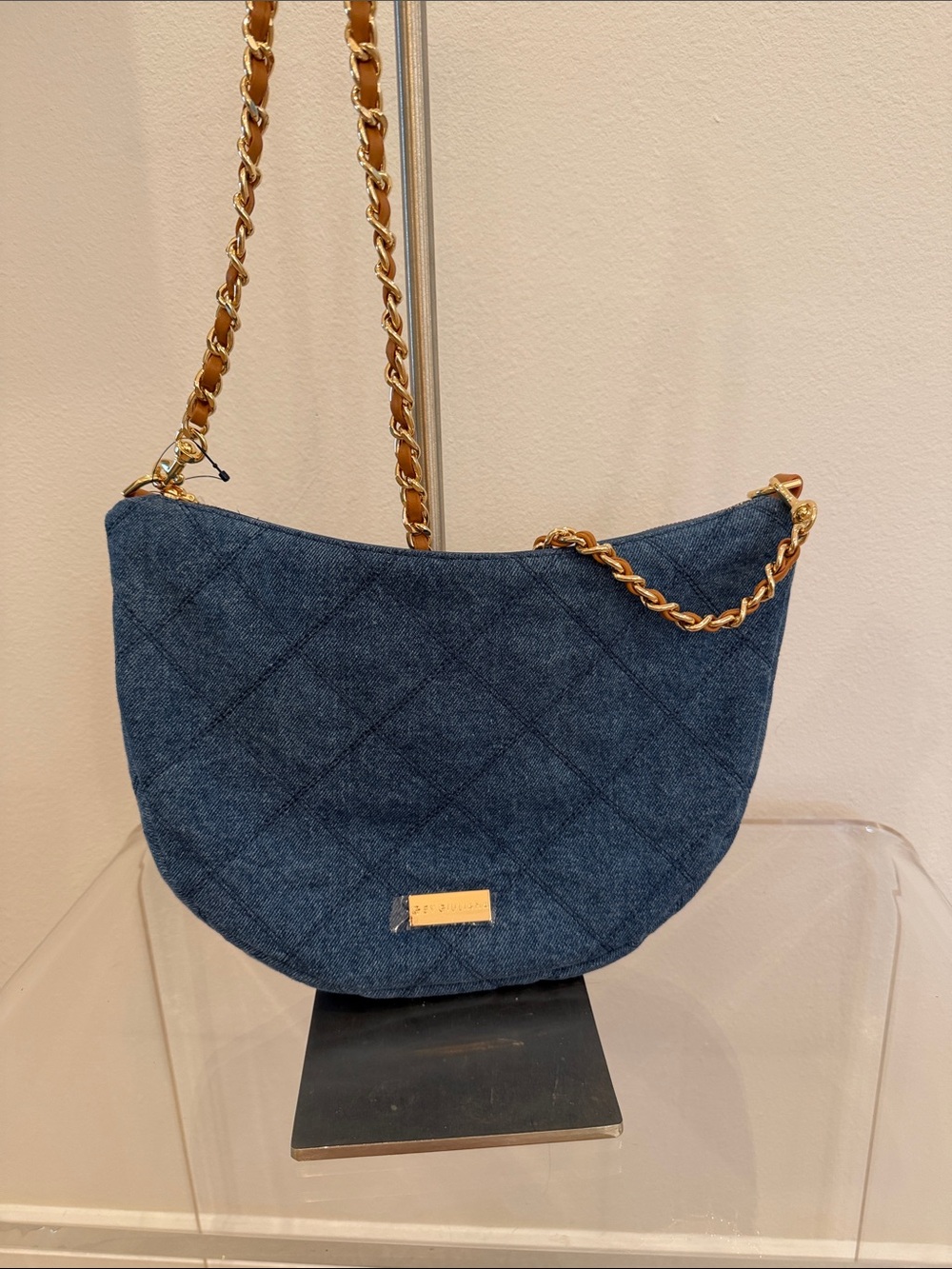 G by Giuliana Quilted Denim Shoulder Bag in Dark Blue with Gold Chain